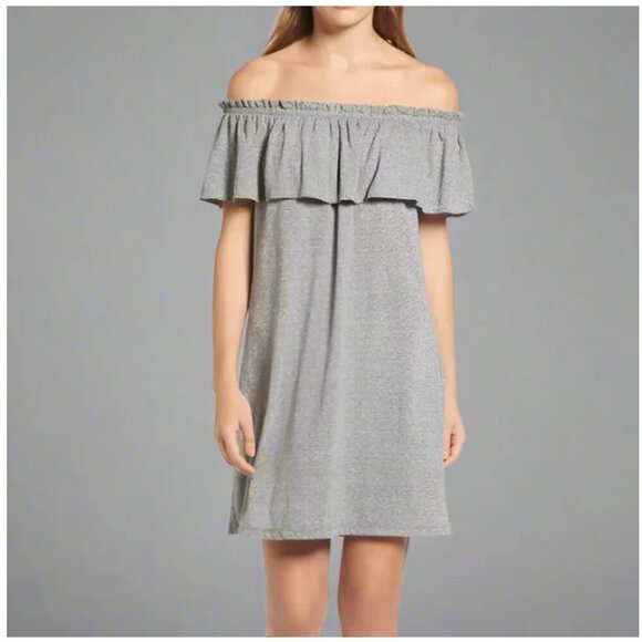 Current Elliott Mini Dress Small Gray Off Shoulder Ruffle Stretch Jersey Summer - Picture 1 of 7